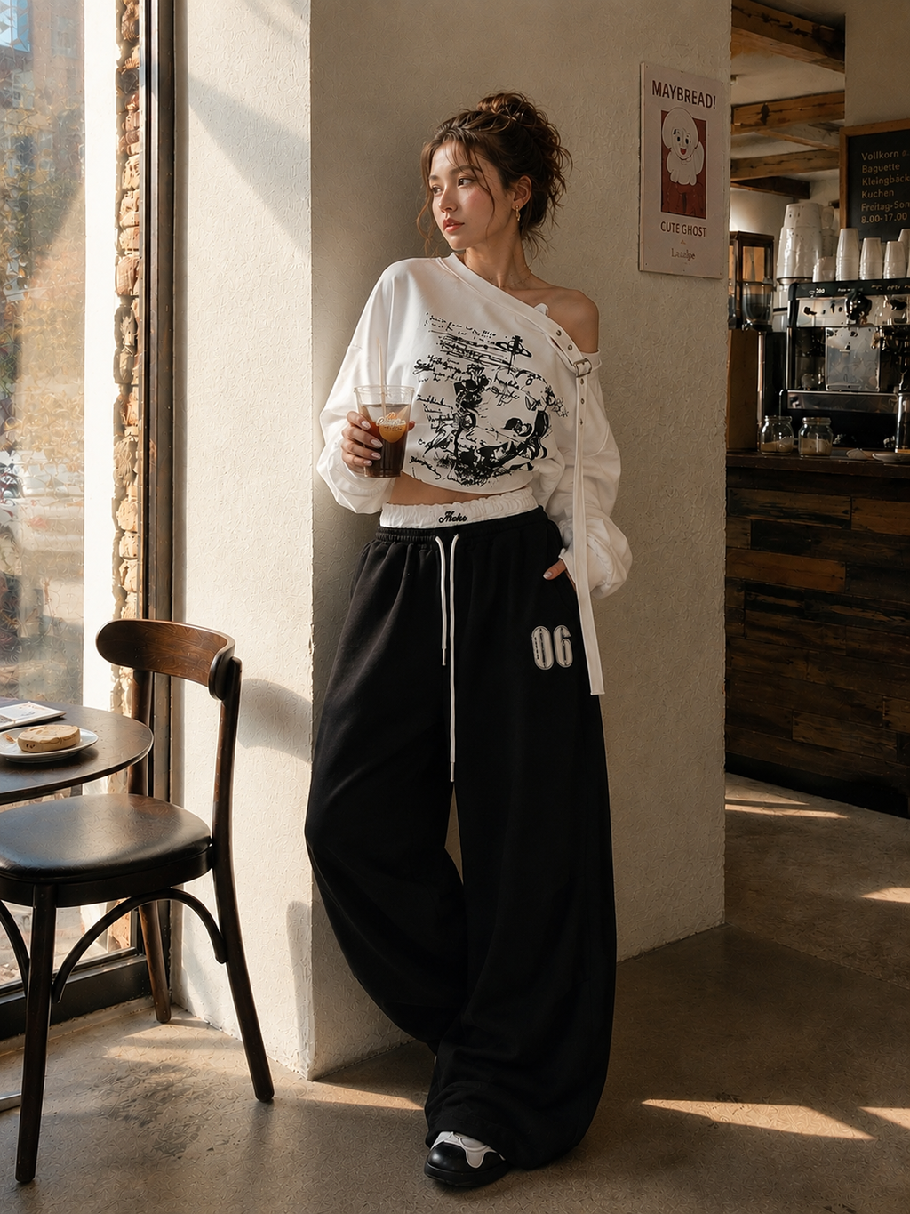 Double-Waistband Lace Sweatpants - Slouchy Ruched Floor-Length Trousers