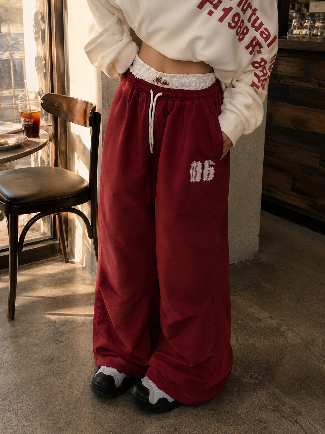 Double-Waistband Lace Sweatpants - Slouchy Ruched Floor-Length Trousers