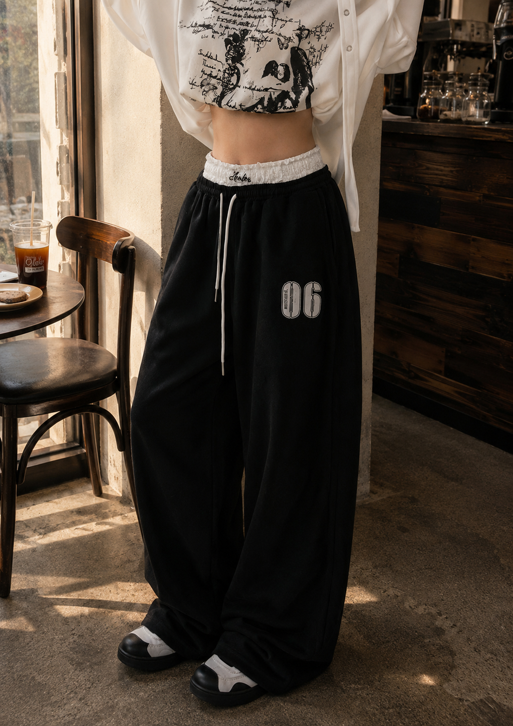 Double-Waistband Lace Sweatpants - Slouchy Ruched Floor-Length Trousers