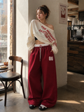 Double-Waistband Lace Sweatpants - Slouchy Ruched Floor-Length Trousers