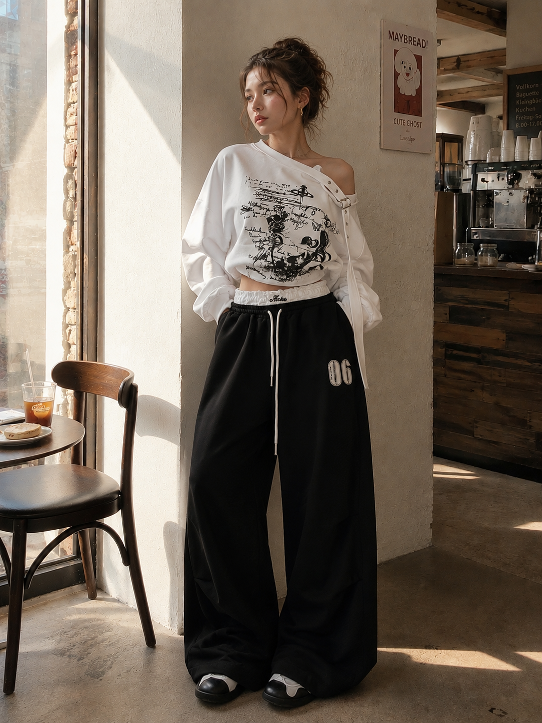Double-Waistband Lace Sweatpants - Slouchy Ruched Floor-Length Trousers