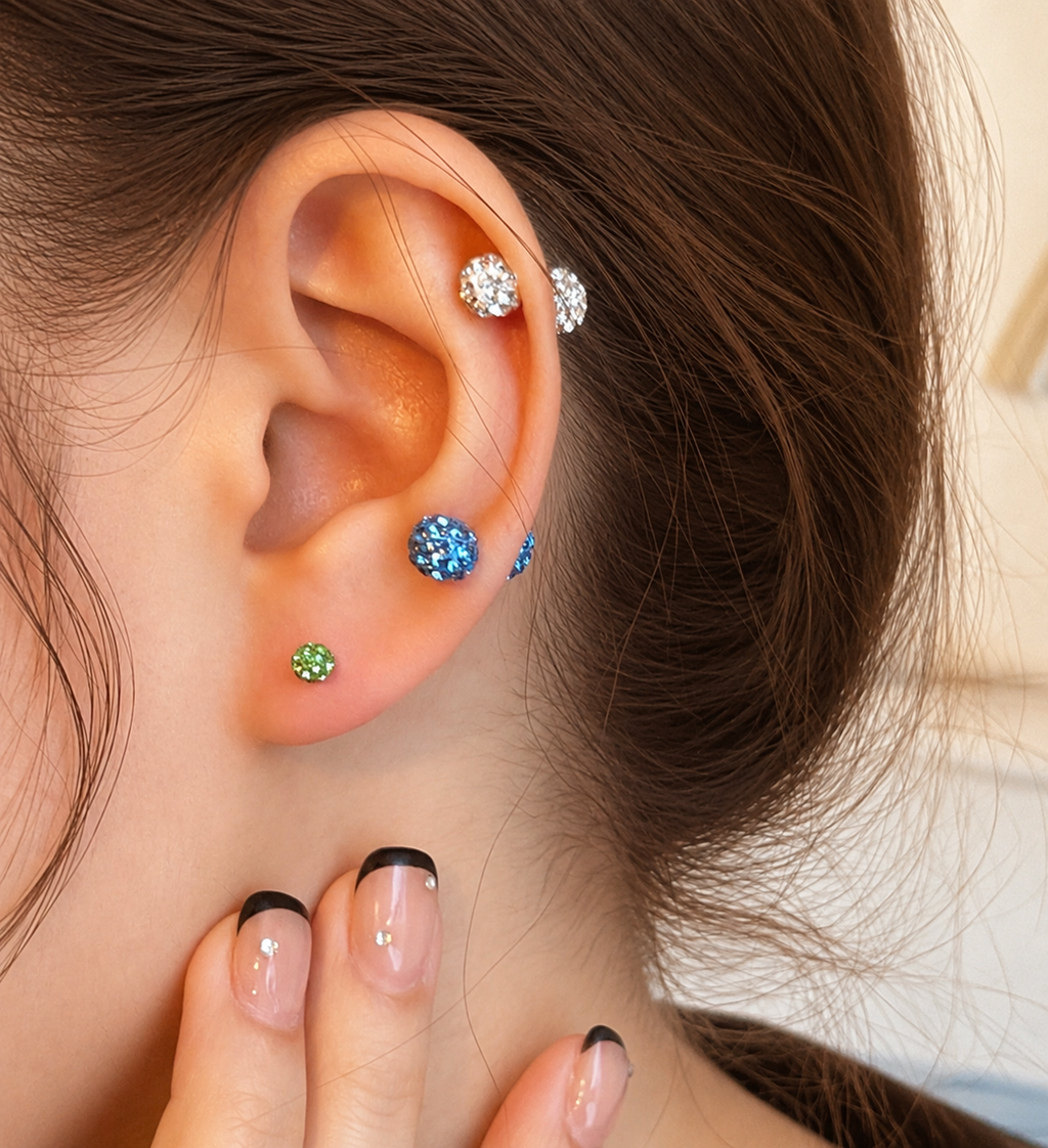 Mutli Colours Flash-Shine Titanium Ear Studs | Waterproof & sleep-safe / Leave-in piercing stud / Daily wear-and-forget jewelry / Skin-friendlyt/Ball Screw-Back Ear Lobe & Tragus Piercing