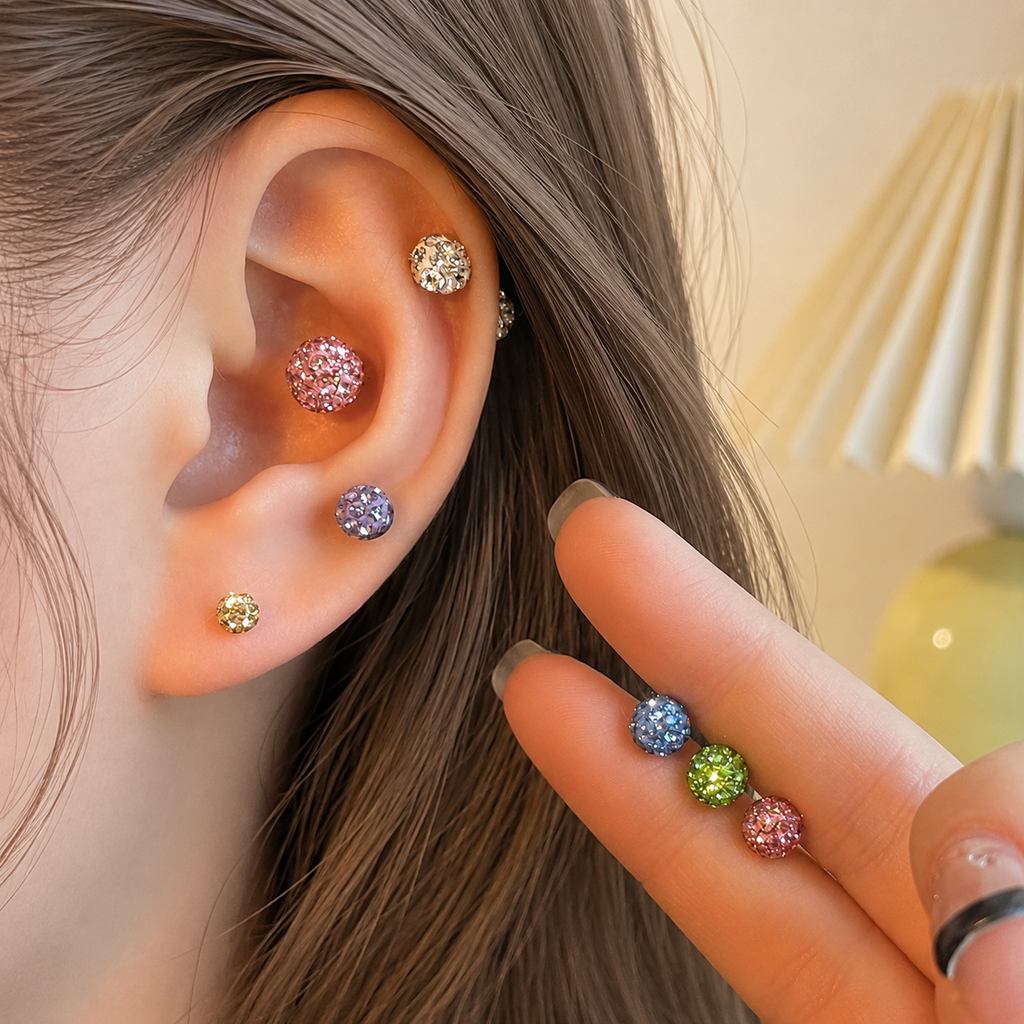 Mutli Colours Flash-Shine Titanium Ear Studs | Waterproof & sleep-safe / Leave-in piercing stud / Daily wear-and-forget jewelry / Skin-friendlyt/Ball Screw-Back Ear Lobe & Tragus Piercing