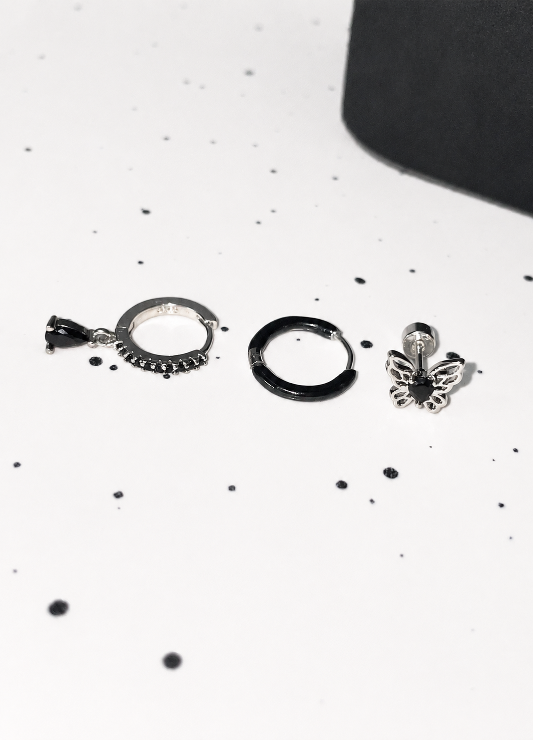 Midnight Black Butterfly/  Titanium Saturn Drop Huggie Earrings (Set of 3) – Hypoallergenic Titanium Steel Studs