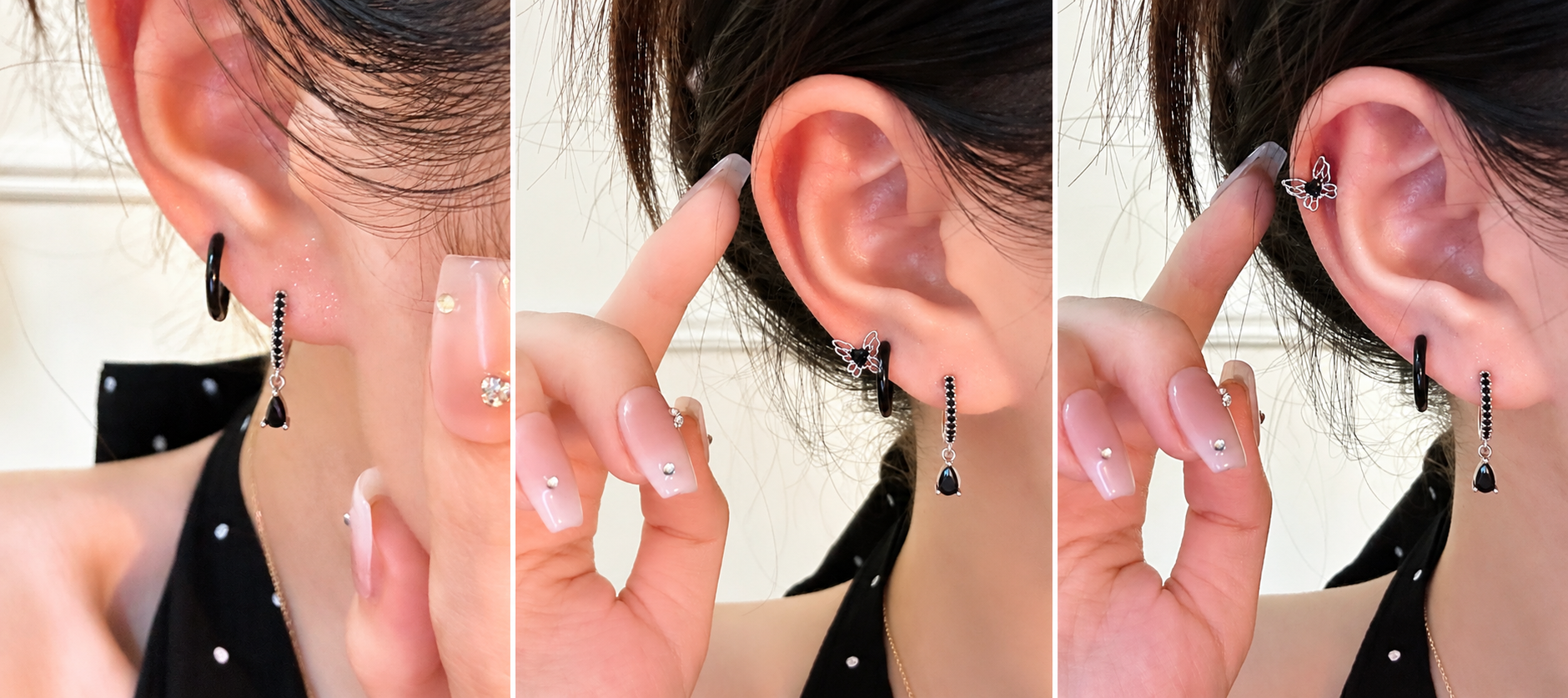 Midnight Black Butterfly/  Titanium Saturn Drop Huggie Earrings (Set of 3) – Hypoallergenic Titanium Steel Studs
