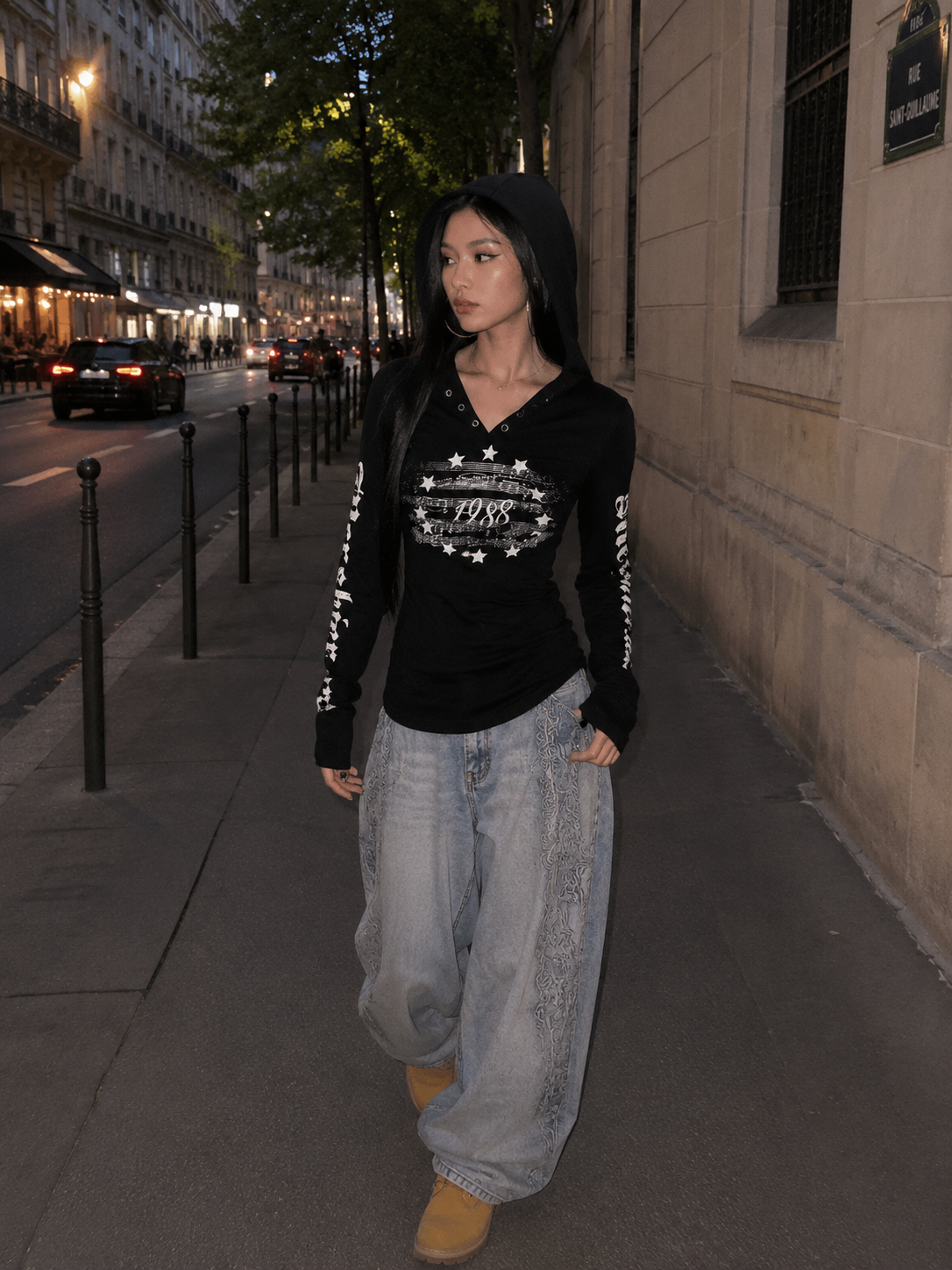 Gothic Graphic Hooded Long-Sleeve Tee | Women's Slim-Fit American Streetwear Sheer Top