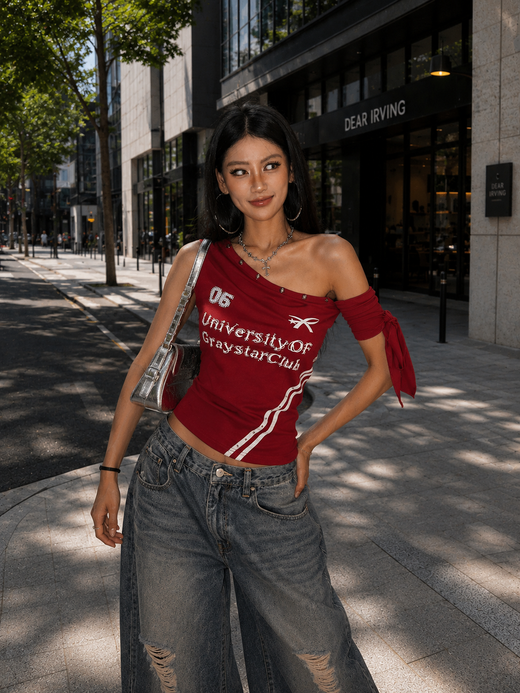 Sporty Cut-Out Lace-Up Asymmetrical Tee | Women's Niche Summer Short-Sleeve