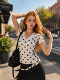 Polka Dot Crop Top – Slimming V-Neck Sporty Tee