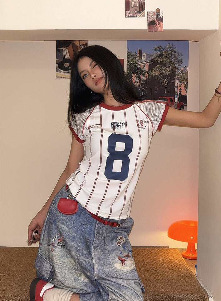 Retro Sporty Mesh Jersey Tee | Women's Striped Number 8 Print Short-Sleeve