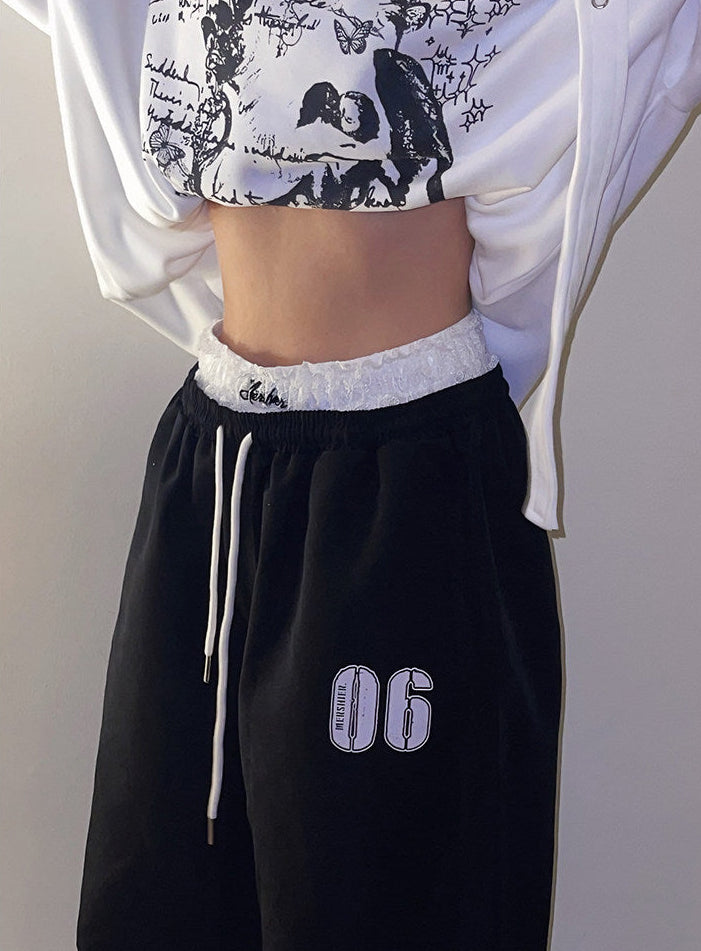 Double-Waistband Lace Sweatpants - Slouchy Ruched Floor-Length Trousers