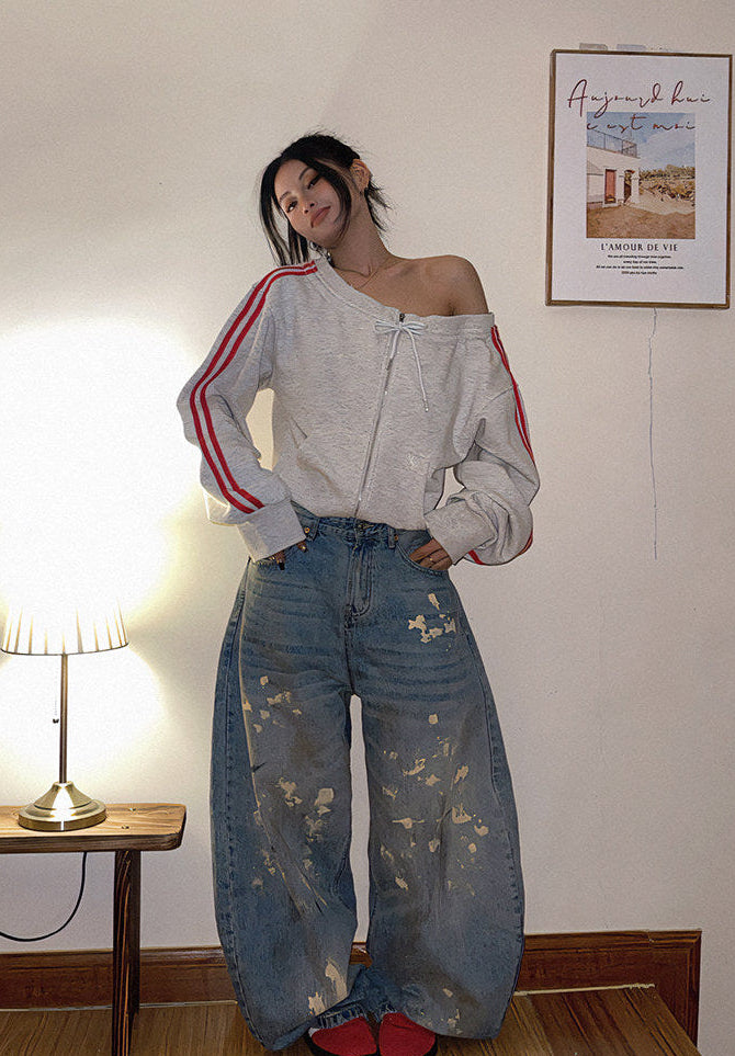 Off-Shoulder Long-Sleeve Crop Sweatshirt | Aesthetic Casual Athleisure