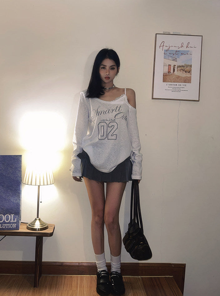 Lace-Trim Cami Asymmetrical Long-Sleeve Tee | Off-Shoulder Top