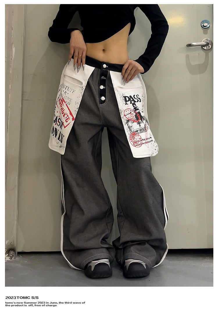 Inside-Out Distressed Denim Jeans – Baggy Graffiti Large-Pocket Pants