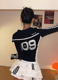 Sailor-Collar Mesh Jersey – Long-Sleeve Sporty Chic Crop Top
