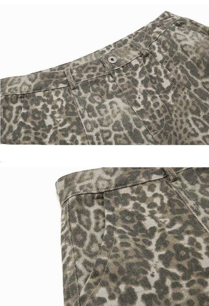 Oversized Bleached Leopard Denim Jeans | Women's Distressed Curved Wide-Leg Pants