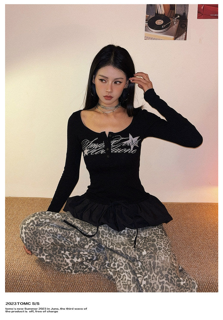 Balletcore Ruffle-Hem Long-Sleeve  | Slim-Fit Streetwear Top