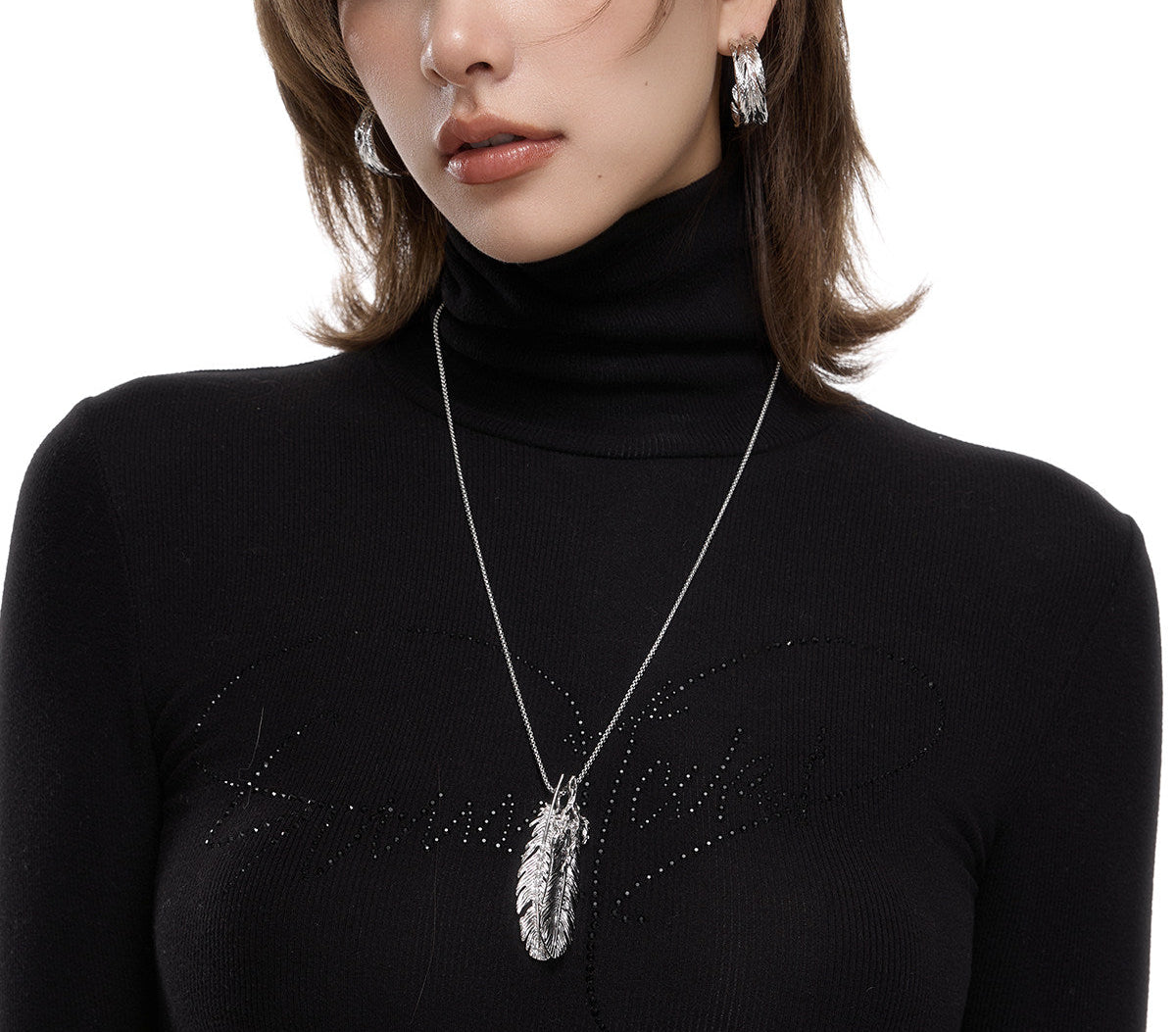 Two-Tone Silver Feather Pendant Long Necklace – Versatile Multi-Layer Layering Chain