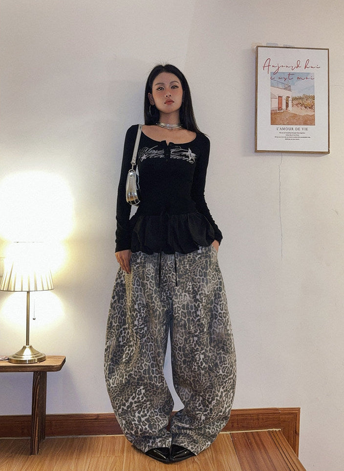 Oversized Bleached Leopard Denim Jeans | Women's Distressed Curved Wide-Leg Pants