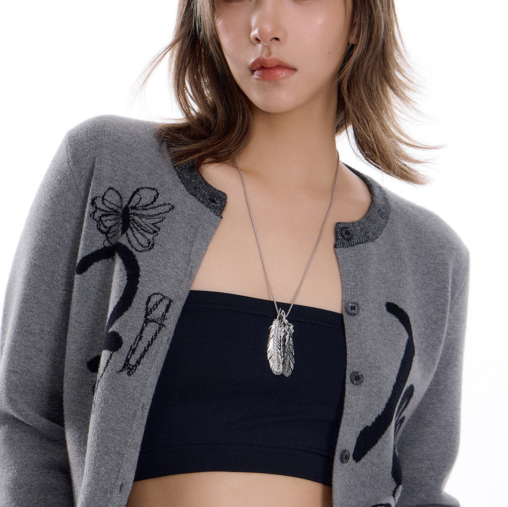 Two-Tone Silver Feather Pendant Long Necklace – Versatile Multi-Layer Layering Chain