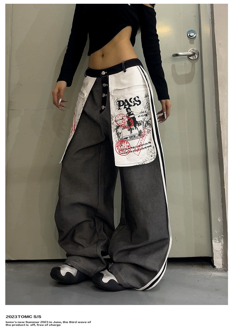 Inside-Out Distressed Denim Jeans – Baggy Graffiti Large-Pocket Pants