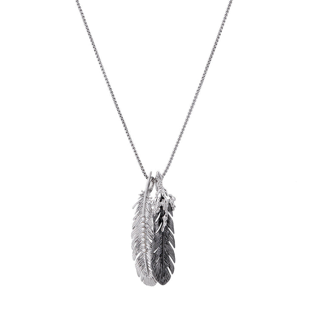 Two-Tone Silver Feather Pendant Long Necklace – Versatile Multi-Layer Layering Chain