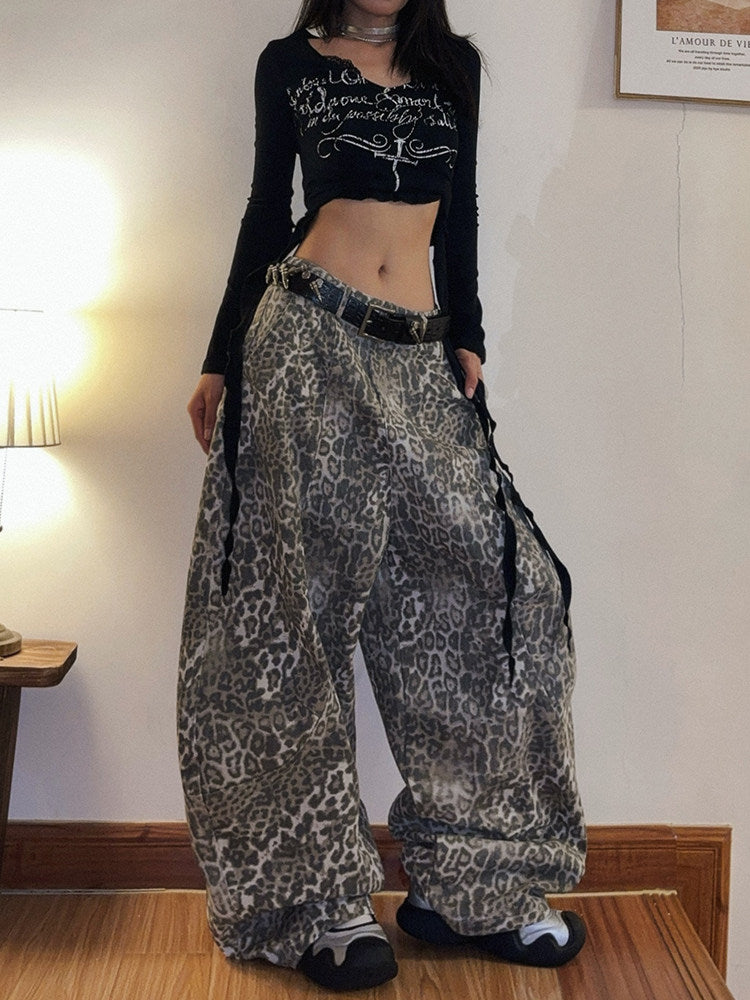 Oversized Bleached Leopard Denim Jeans | Women's Distressed Curved Wide-Leg Pants