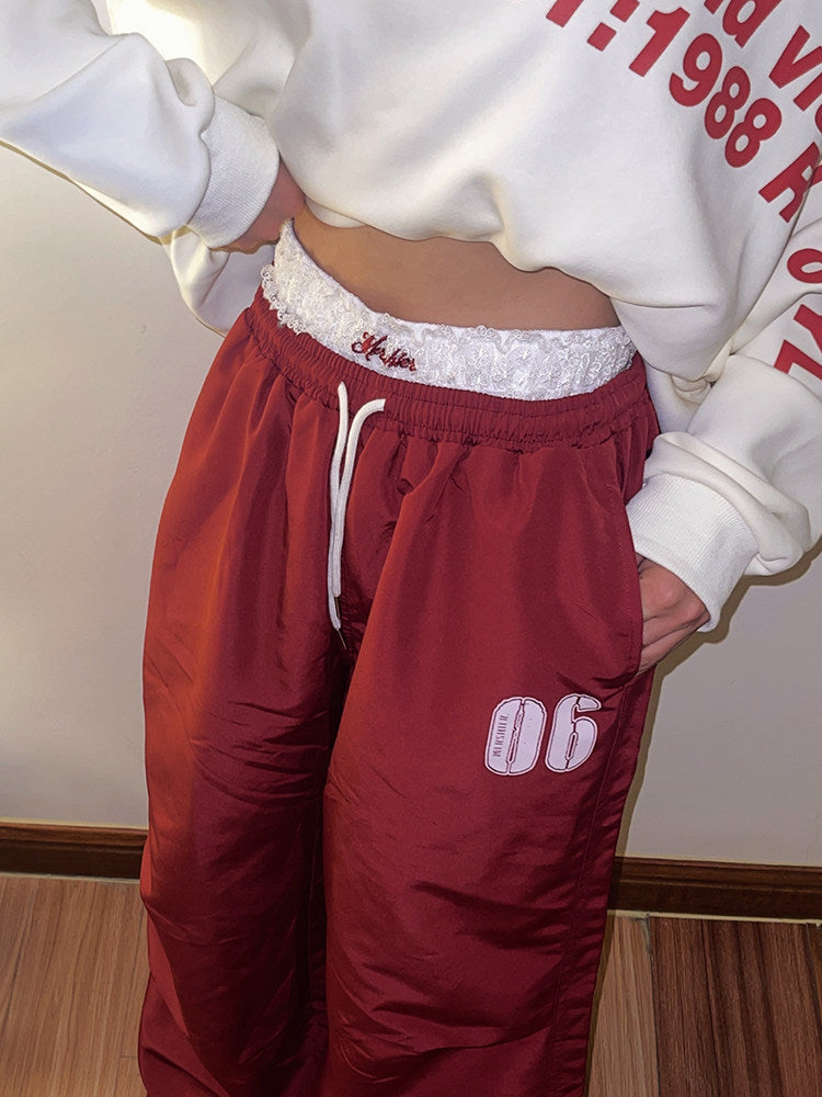 Double-Waistband Lace Sweatpants - Slouchy Ruched Floor-Length Trousers