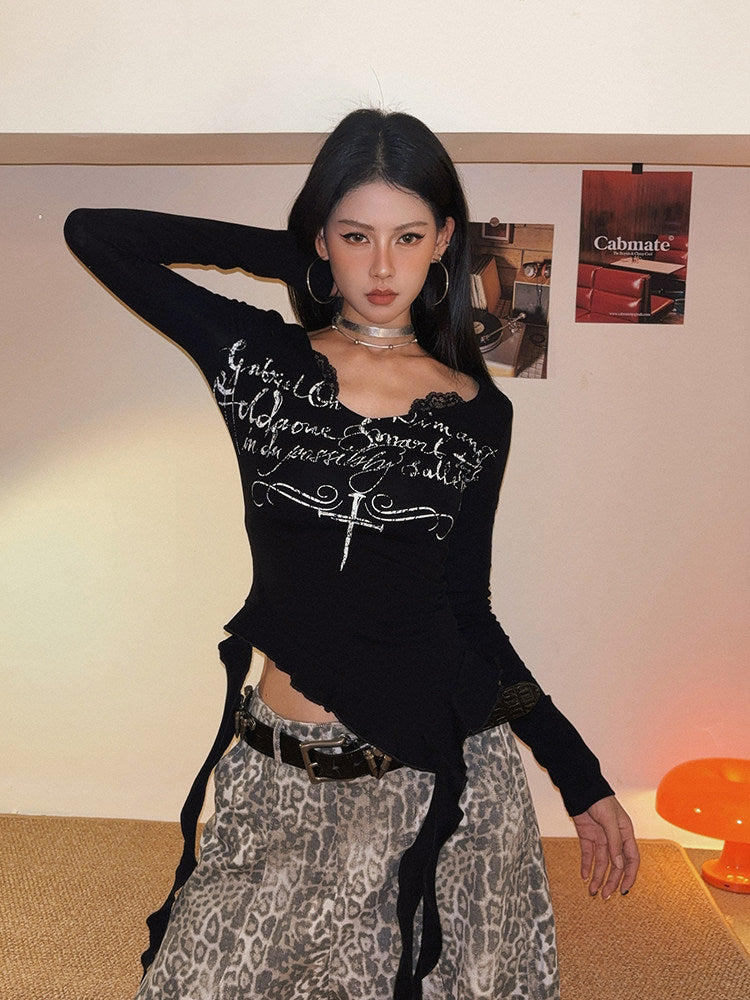 Romantic Lace-Trim Ruffle Long-Sleeve Tee | Women's Hot Girl Aesthetic Top