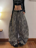 Oversized Bleached Leopard Denim Jeans | Women's Distressed Curved Wide-Leg Pants