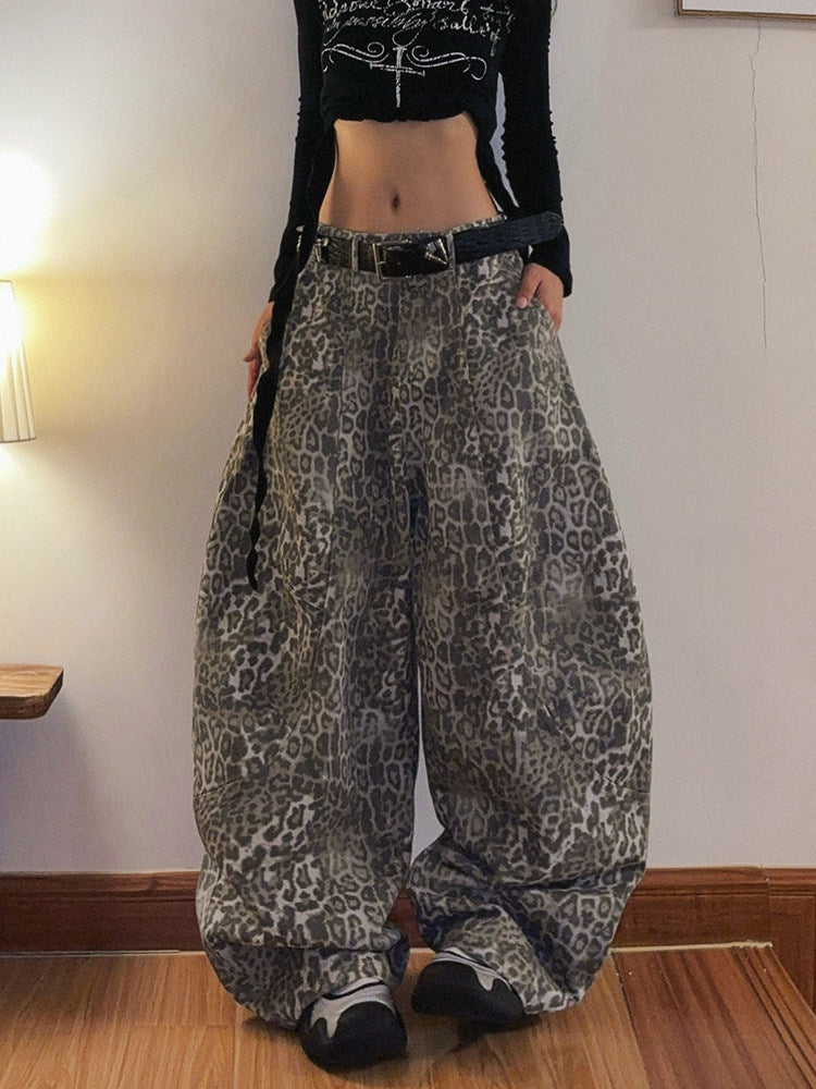 Oversized Bleached Leopard Denim Jeans | Women's Distressed Curved Wide-Leg Pants