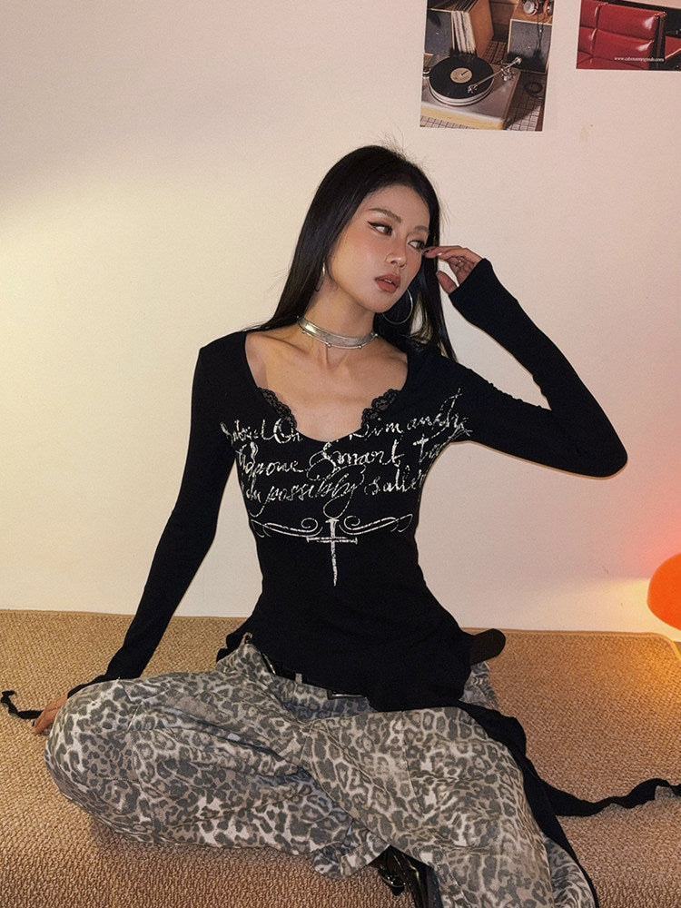 Romantic Lace-Trim Ruffle Long-Sleeve Tee | Women's Hot Girl Aesthetic Top