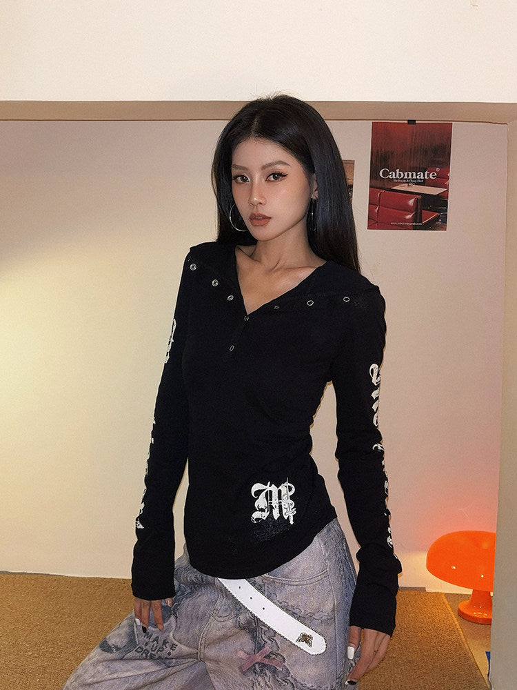 Gothic Graphic Hooded Long-Sleeve Tee | Women's Slim-Fit American Streetwear Sheer Top