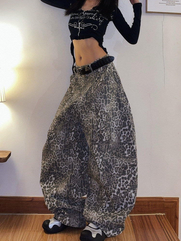 Oversized Bleached Leopard Denim Jeans | Women's Distressed Curved Wide-Leg Pants