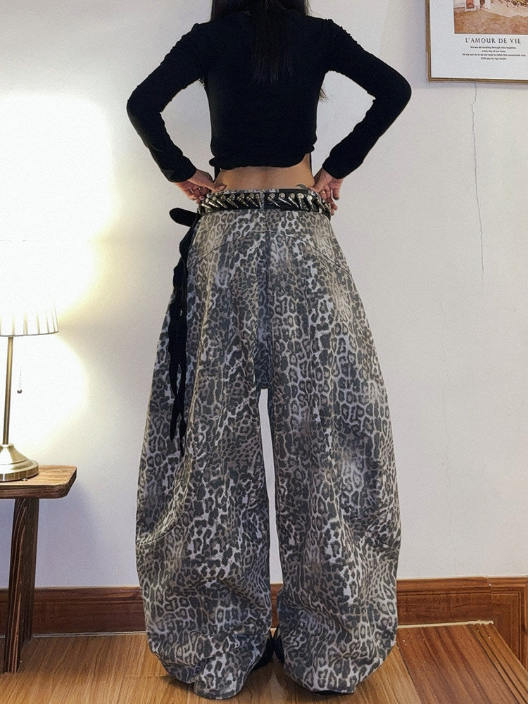 Oversized Bleached Leopard Denim Jeans | Women's Distressed Curved Wide-Leg Pants