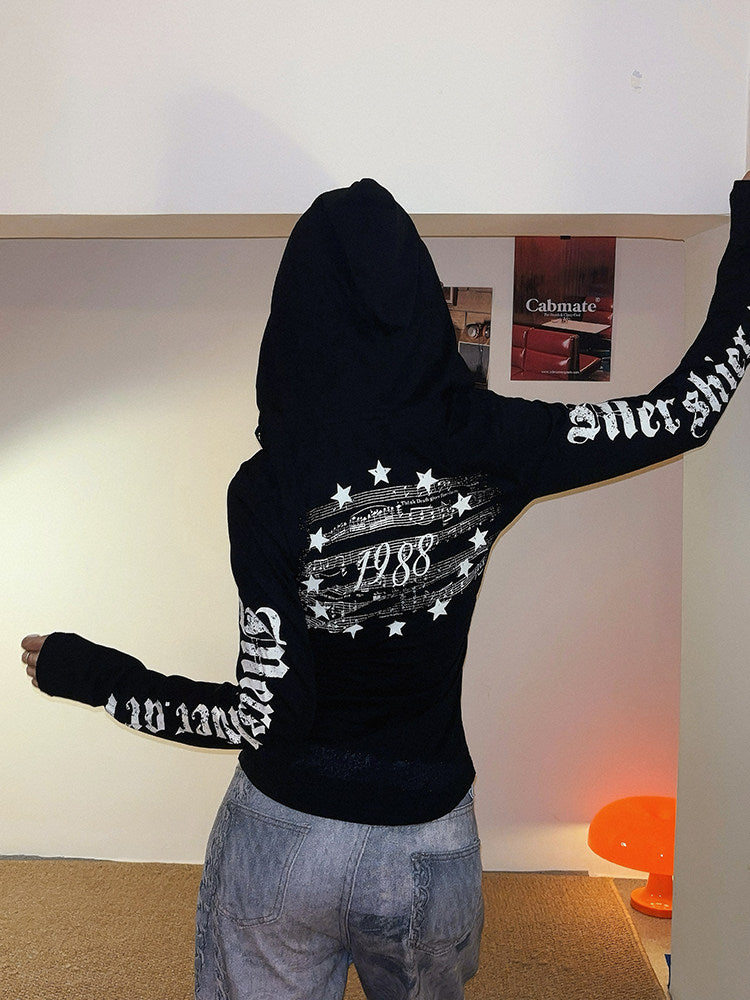 Gothic Graphic Hooded Long-Sleeve Tee | Women's Slim-Fit American Streetwear Sheer Top