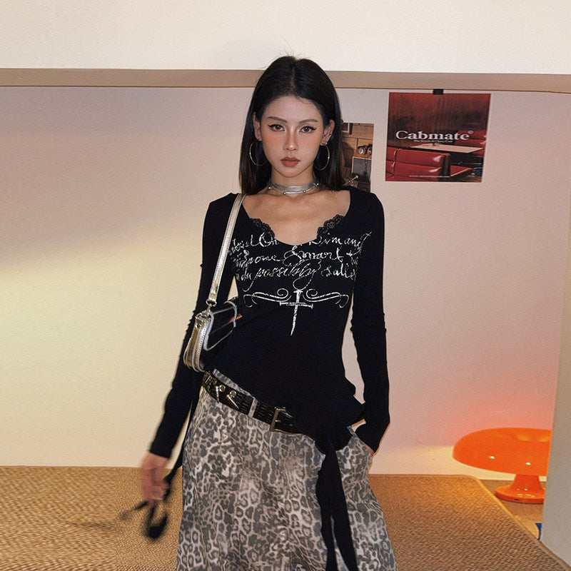 Romantic Lace-Trim Ruffle Long-Sleeve Tee | Women's Hot Girl Aesthetic Top