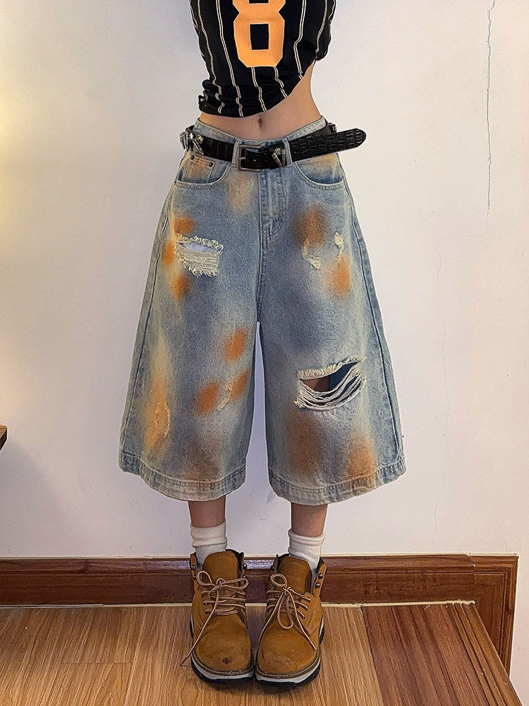 Oversized Mud-Wash Cropped Denim