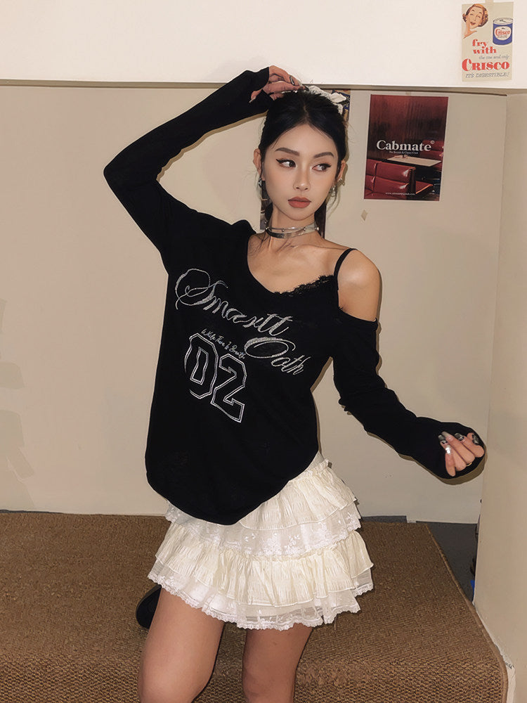 Lace-Trim Cami Asymmetrical Long-Sleeve Tee | Off-Shoulder Top