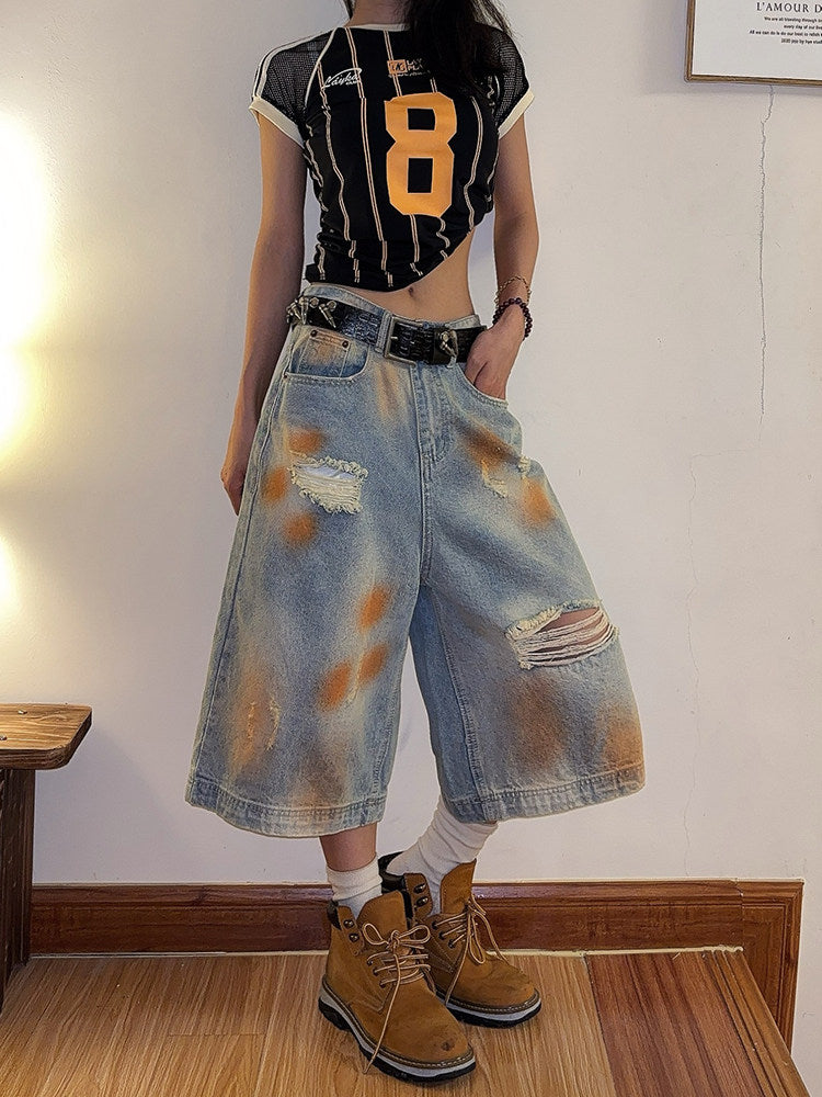 Oversized Mud-Wash Cropped Denim